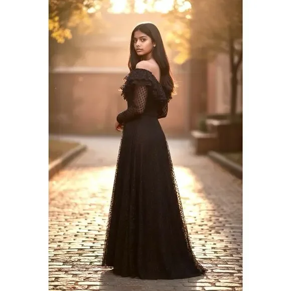 70s Vintage Goth Victorian Revival Romantic Black Mesh Maxi Gown Small  Medium